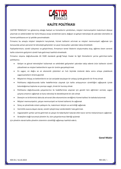 KEK-01 KALİTE POLİTİKASI
